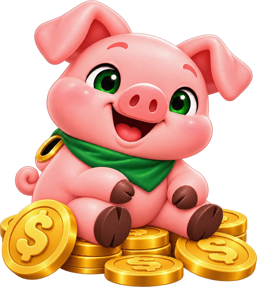 Piggy the pink pig sitting on a pile of gold coins